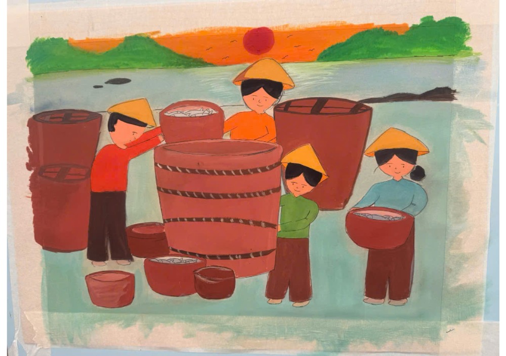 Các tác phẩm tranh vẽ với chủ đề “Biển và ngư dân“. Ảnh: Xuân Nhi