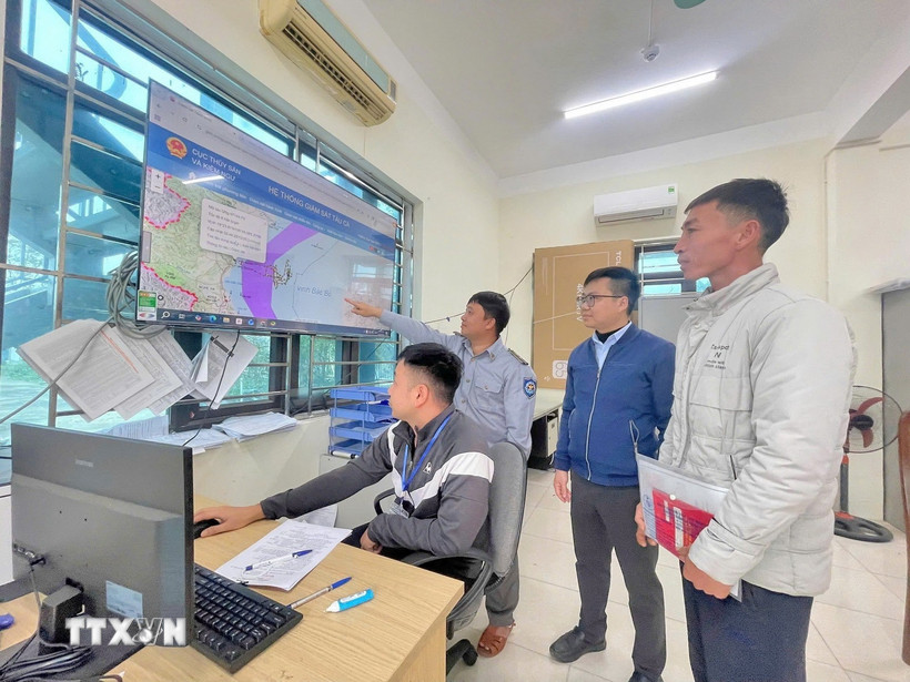 Toàn bộ dữ liệu tàu cá ra vào cảng cá Lạch Bạng được tích hợp, chia sẻ liên thông giữa hệ thống quản lý của Bộ Quốc phòng và hệ thống cơ sở dữ liệu thủy sản quốc gia (VNFishbase). (Ảnh: Hoa Mai/TTXVN)