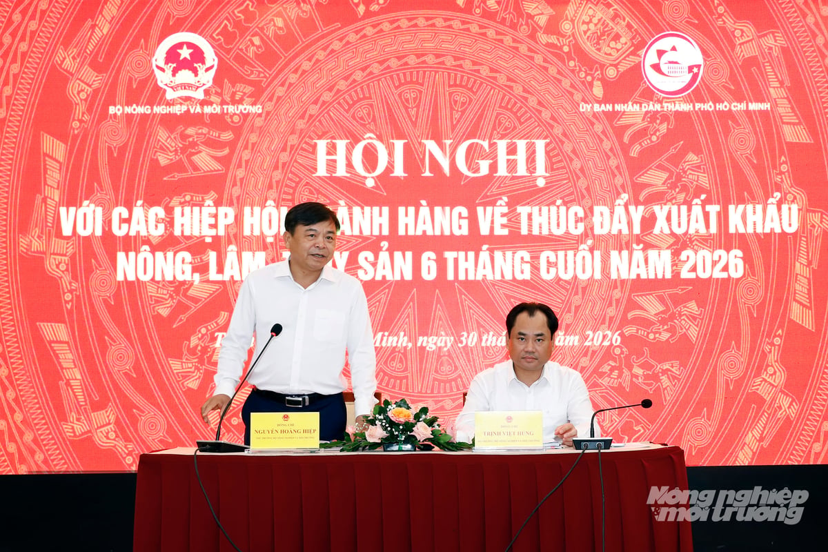 Bộ trưởng Trịnh Việt Hùng cùng Thứ trưởng Nguyễn Hoàng Hiệp chủ trì Hội nghị với các hiệp hội ngành hàng về thúc đẩy xuất khẩu nông, lâm, thủy sản 6 tháng cuối năm 2026. Ảnh: Khương Trung.